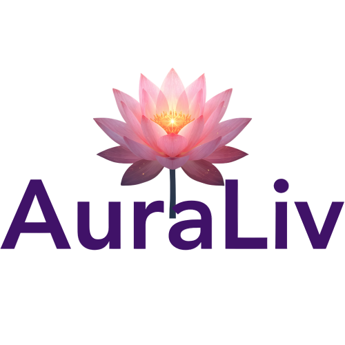 Logo of AuraLiv with a pink lotus flower on a white background